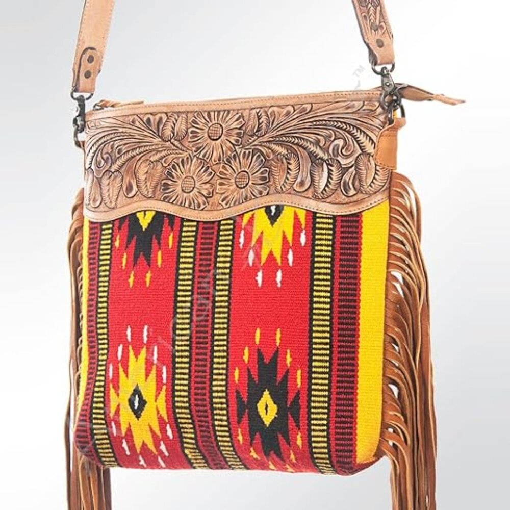 American Darling Southwestern Red Yellow Multi Crossbody Bag with Tan Leather